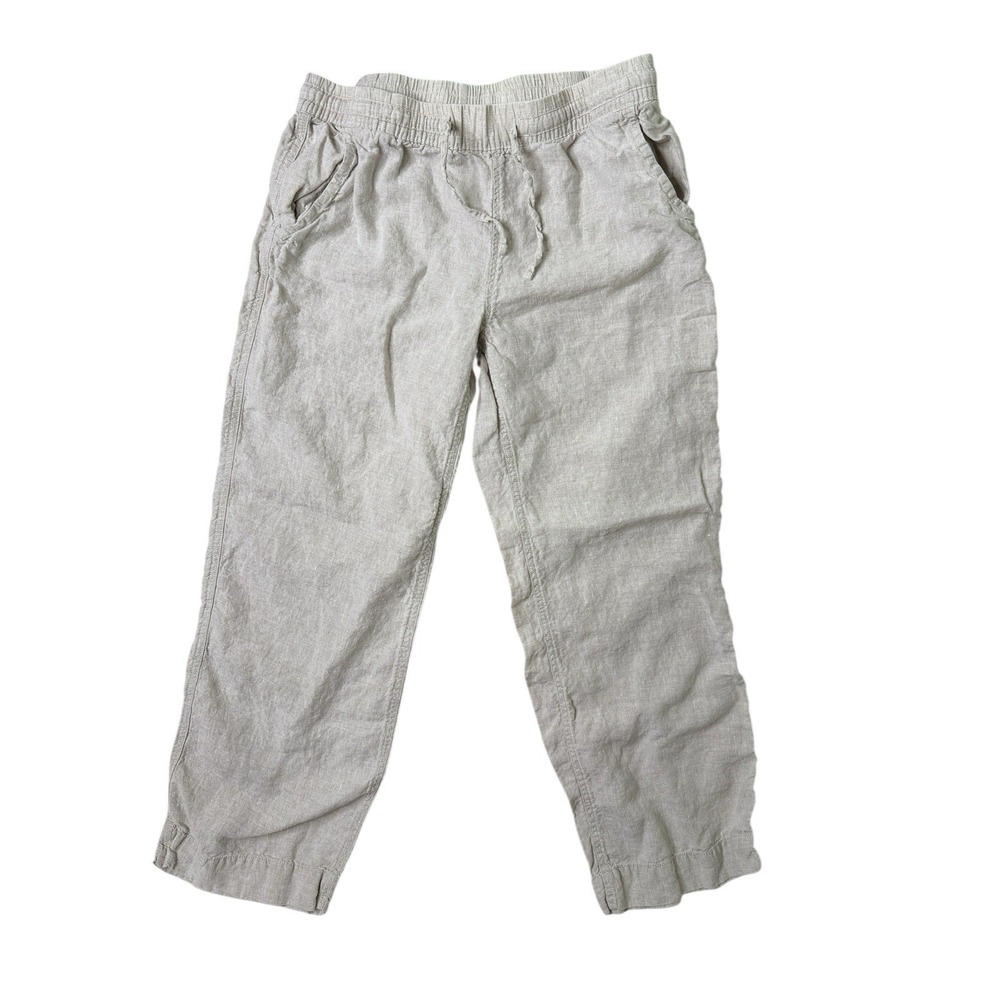 LL Bean Womens Pants 100% Linen Pull On Beach Travel Casual Beige Sz Medium 12T